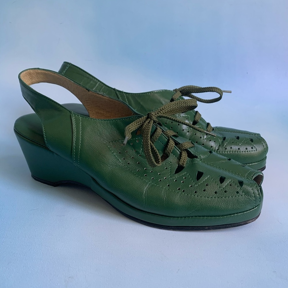 Green Leather Lace Up Peep Toe Wedge Sandals